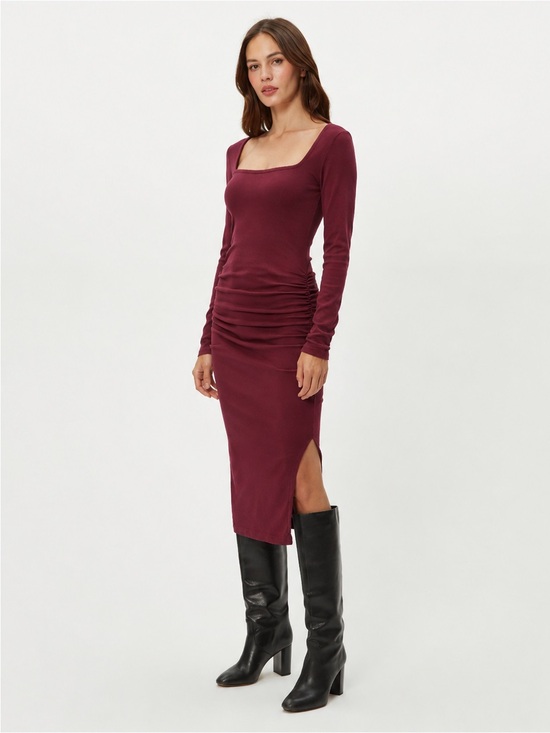 Michael Stars Dresses & Skirts - Michael Stars Scoop Neck Long-Sleeve Maxi Dress Ruched Slit Bohemian Red Small